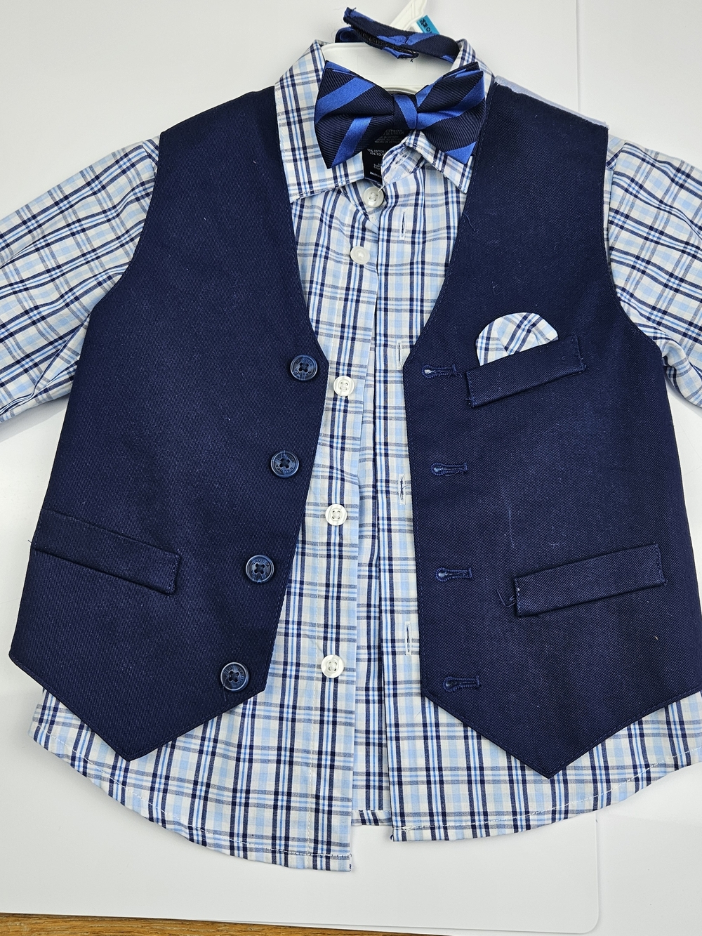 Nautica Toddler Navy and Light Blue Plaid Shirt Vest and Bow Tie Set Size 3T
